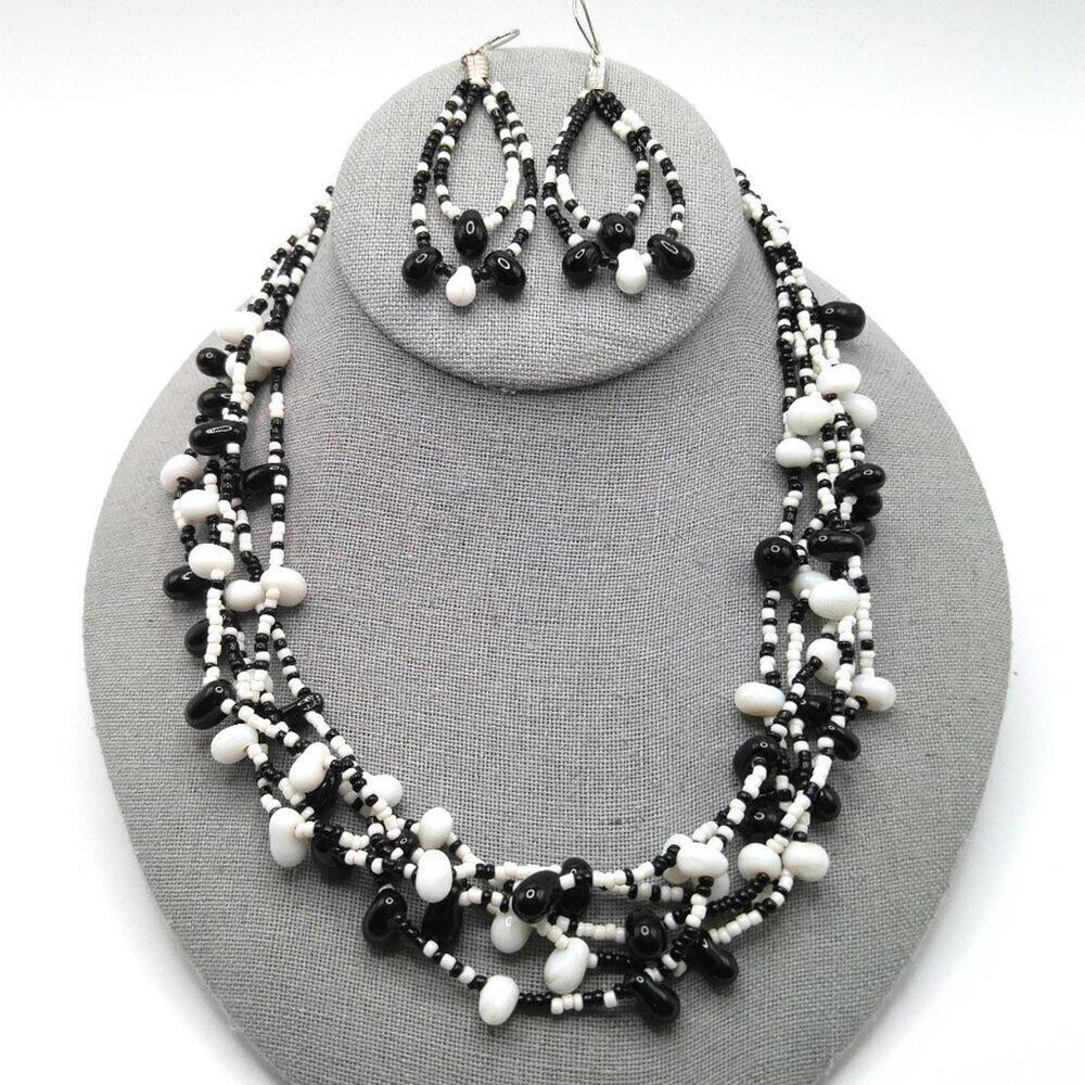 Vintage Black White Glass Bead Necklace Set Multi Strand Earrings